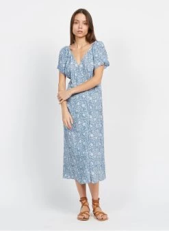 ONE STEP Halflange Jurk Met V-hals En Bloemenprint | Blauw