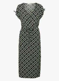 Halflange Jurk Met Overslag En Print | Zwart -Chic Verkoop 3952157