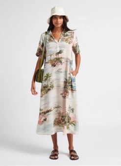 Momoni Lange, Zijden Jurk Met Klassieke Kraag En Print | Veelkleurig -Chic Verkoop 4023514