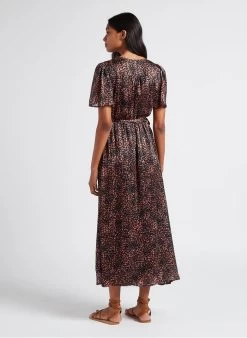 INDIRA - Lange Jurk Met V-hals En Print | Bruin -Chic Verkoop 4023628