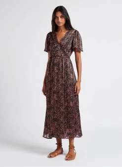 INDIRA - Lange Jurk Met V-hals En Print | Bruin -Chic Verkoop 4023632