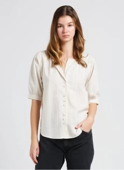 ILONA - Gestreepte, Katoenen Top Met Tuniekhals | Beige -Chic Verkoop 4023880