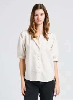 ILONA - Gestreepte, Katoenen Top Met Tuniekhals | Beige