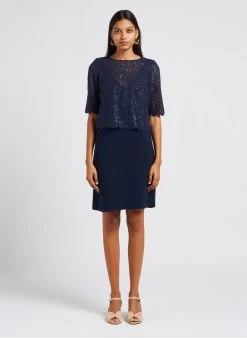 MAISON 123 GABRIELLE - Korte Jurk Met Ronde Hals En Kant | Blauw