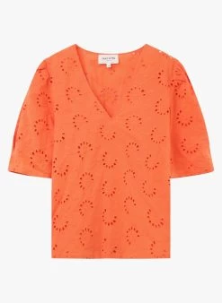 JONAS - Ruimvallende, Katoenen Top Met V-hals | Oranje -Chic Verkoop 4109653