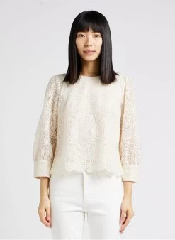 MAISON 123 TONIA - Blouse Van Katoenmix Met Borduurwerk En Ronde Kraag | Wit