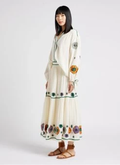 STELLA FOREST CAROLA - Halflange, Gerende Rok Met Borduursel Katoenblend | Beige -Chic Verkoop 4121495