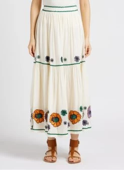 STELLA FOREST CAROLA - Halflange, Gerende Rok Met Borduursel Katoenblend | Beige