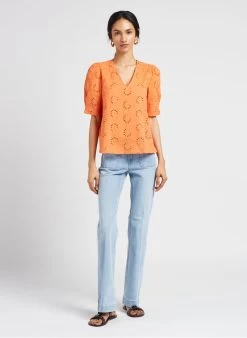 JONAS - Ruimvallende, Katoenen Top Met V-hals | Oranje -Chic Verkoop 4123588