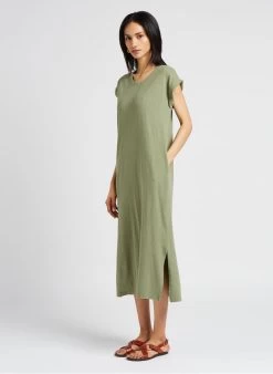 RENOUKA - T-shirtjurk Met Ronde Hals Linnen/katoenblend | Groen -Chic Verkoop 4123596