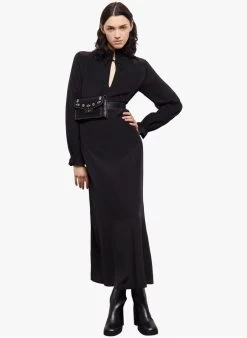 THE KOOPLES Lange, Zijden Jurk Met Hoge Kraag | Zwart