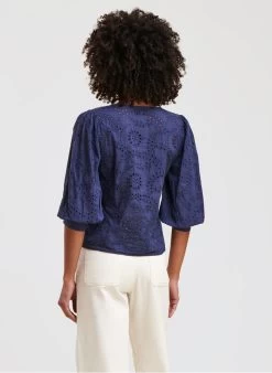 Katoenen Blouse Met V-hals | Blauw -Chic Verkoop 4132437