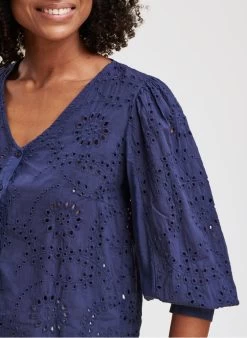 Katoenen Blouse Met V-hals | Blauw -Chic Verkoop 4132438