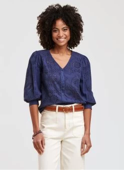 Katoenen Blouse Met V-hals | Blauw