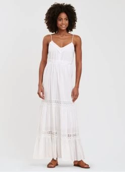 Lange, Katoenen Jurk Met V-hals | Wit