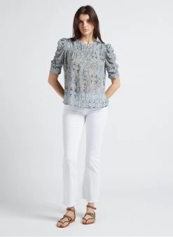 BERENICE CARMA - Rechte Top Met Maokraag En Print | Blauw -Chic Verkoop 4146267