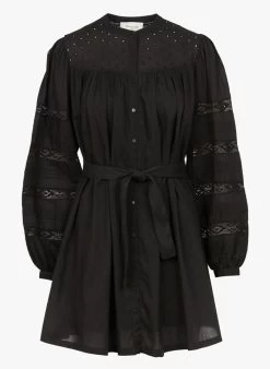 BERENICE RIVER - Korte, Katoenen Jurk Met Ronde Hals En Borduursel | Zwart -Chic Verkoop 4150344