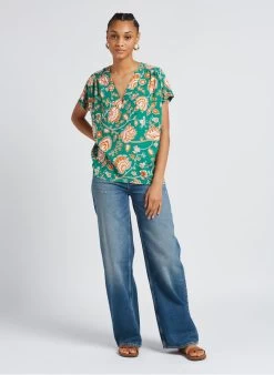 BATTANTE - Top Met V-hals En Bloemenprint | Groen -Chic Verkoop 4156986