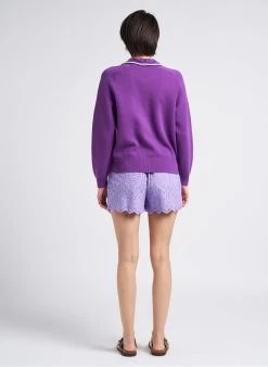 YASHOLI - Recht Short Van Biokatoen Met Ajourmotief | Violet -Chic Verkoop 4162272