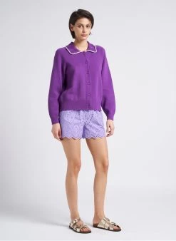 YASHOLI - Recht Short Van Biokatoen Met Ajourmotief | Violet -Chic Verkoop 4162273