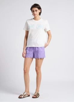 YASHOLI - Recht Short Van Biokatoen Met Ajourmotief | Violet -Chic Verkoop 4162277