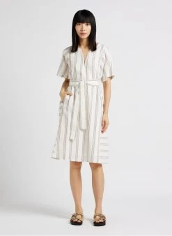 CRUZ - Halflange, Gestreepte Jurk Van Biokatoen | Beige