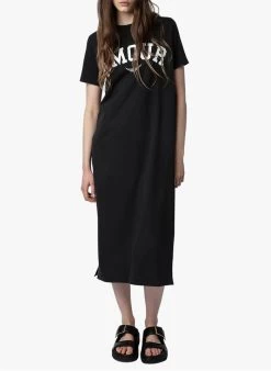 Zadig & Voltaire ZAID AMOUR - Halflange, Katoenen Jurk Met Ronde Hals En Print | Zwart -Chic Verkoop 4175145
