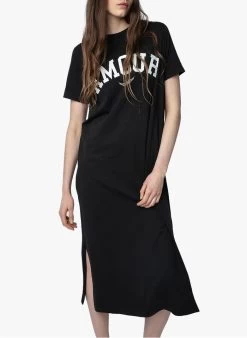 Zadig & Voltaire ZAID AMOUR - Halflange, Katoenen Jurk Met Ronde Hals En Print | Zwart