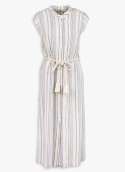 Lange, Gestreepte Jurk Met Ronde Hals | Beige