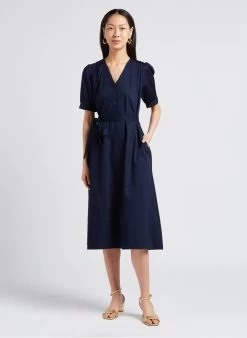 RAMIX - Halflange, Katoenen Jurk Met V-hals | Blauw -Chic Verkoop 4179378