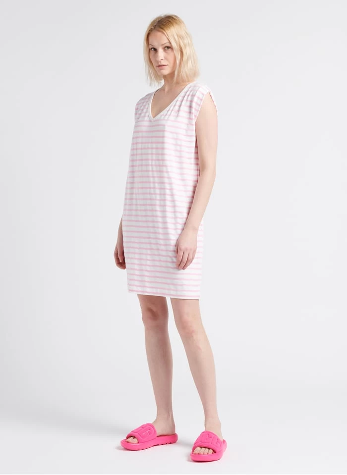 ONE STEP Straight-fit, Korte Jurk Van Katoen Met V-hals En Strepen | Wit 6 ONE STEP Straight-fit, Korte Jurk Van Katoen Met V-hals En Strepen | Wit - Afbeelding 4