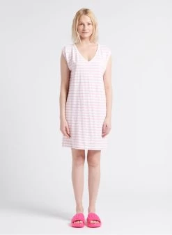 ONE STEP Straight-fit, Korte Jurk Van Katoen Met V-hals En Strepen | Wit