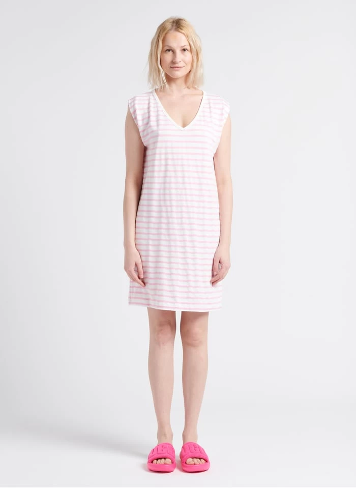 ONE STEP Straight-fit, Korte Jurk Van Katoen Met V-hals En Strepen | Wit 3 ONE STEP Straight-fit, Korte Jurk Van Katoen Met V-hals En Strepen | Wit