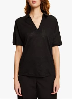 ESPRIT Linnen Top Met V-hals En Kraagje | Zwart