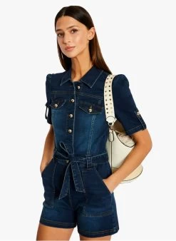 MORGAN SHIREL - Korte Jumpsuit Van Spijkerstof Met Ceintuur | Jeans Onbewerkt