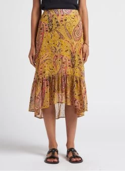 Ikks Halflange, Asymmetrische Rok Met Oriëntaalse Print | Geel