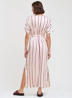 Lange, Rechte Jurk Met V-hals En Strepenprint | Wit -Chic Verkoop 4232273