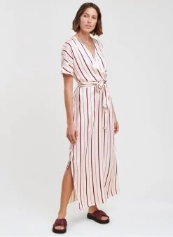 Lange, Rechte Jurk Met V-hals En Strepenprint | Wit -Chic Verkoop 4232274