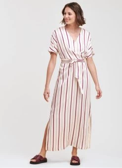 Lange, Rechte Jurk Met V-hals En Strepenprint | Wit