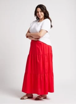 PERSONA CARICA - Lange Jurk Van Katoenpopeline | Rood -Chic Verkoop 4236454