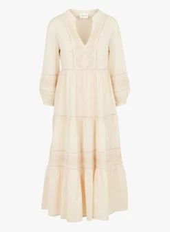 MAISON 123 GAELIZA R - Lange, Katoenen Jurk Met V-hals | Beige -Chic Verkoop 4241724