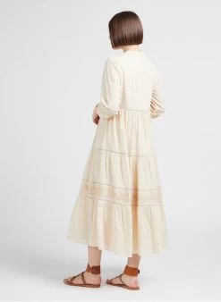 MAISON 123 GAELIZA R - Lange, Katoenen Jurk Met V-hals | Beige -Chic Verkoop 4245142