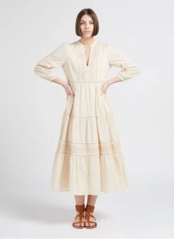 MAISON 123 GAELIZA R - Lange, Katoenen Jurk Met V-hals | Beige -Chic Verkoop 4245143