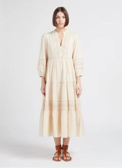 MAISON 123 GAELIZA R - Lange, Katoenen Jurk Met V-hals | Beige