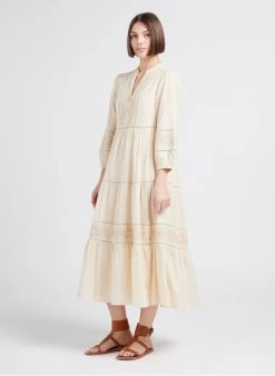 MAISON 123 GAELIZA R - Lange, Katoenen Jurk Met V-hals | Beige -Chic Verkoop 4245146