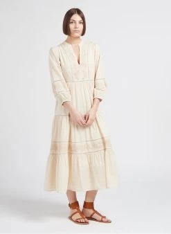 MAISON 123 GAELIZA R - Lange, Katoenen Jurk Met V-hals | Beige -Chic Verkoop 4245147