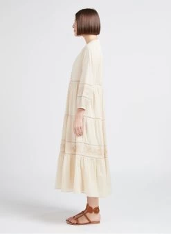 MAISON 123 GAELIZA R - Lange, Katoenen Jurk Met V-hals | Beige -Chic Verkoop 4245148