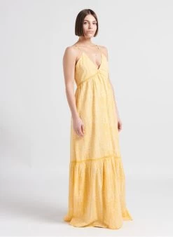BERENICE RAMY - Lange, Katoenen Jurk Met V-decolleté En Print | Geel -Chic Verkoop 4249164