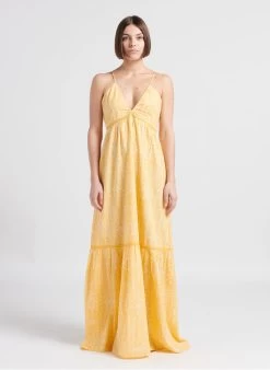 BERENICE RAMY - Lange, Katoenen Jurk Met V-decolleté En Print | Geel