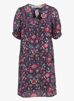 Korte, Katoenen Jurk Met V-hals En Print | Blauw